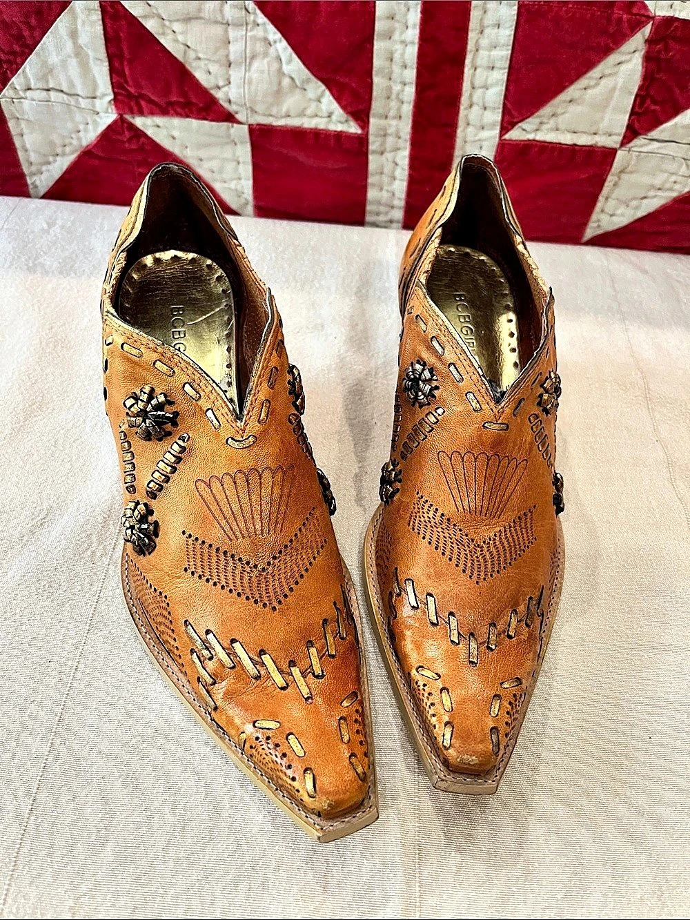 BCBG Women’s  Embroidered Beaded Pointed-Toe Western Heeled Booties Saddle TanBr